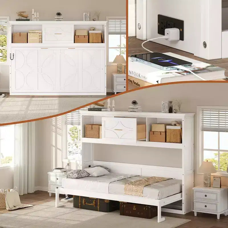 Twin Size Murphy Bed with Storage Shelves, Wooden Twin Cabinet Bed Wall Bed with Charging Station and Drawer, Folding Wall Chest Bed for Guest Room