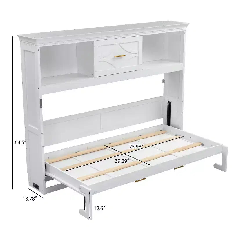Twin Size Murphy Bed with Storage Shelves, Wooden Twin Cabinet Bed Wall Bed with Charging Station and Drawer, Folding Wall Chest Bed for Guest Room