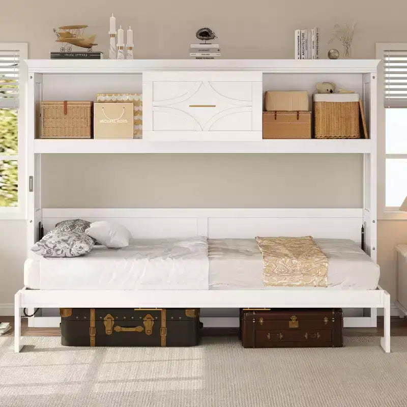 Twin Size Murphy Bed with Storage Shelves, Wooden Twin Cabinet Bed Wall Bed with Charging Station and Drawer, Folding Wall Chest Bed for Guest Room
