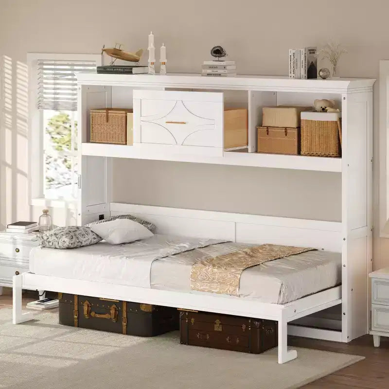 Twin Size Murphy Bed with Storage Shelves, Wooden Twin Cabinet Bed Wall Bed with Charging Station and Drawer, Folding Wall Chest Bed for Guest Room