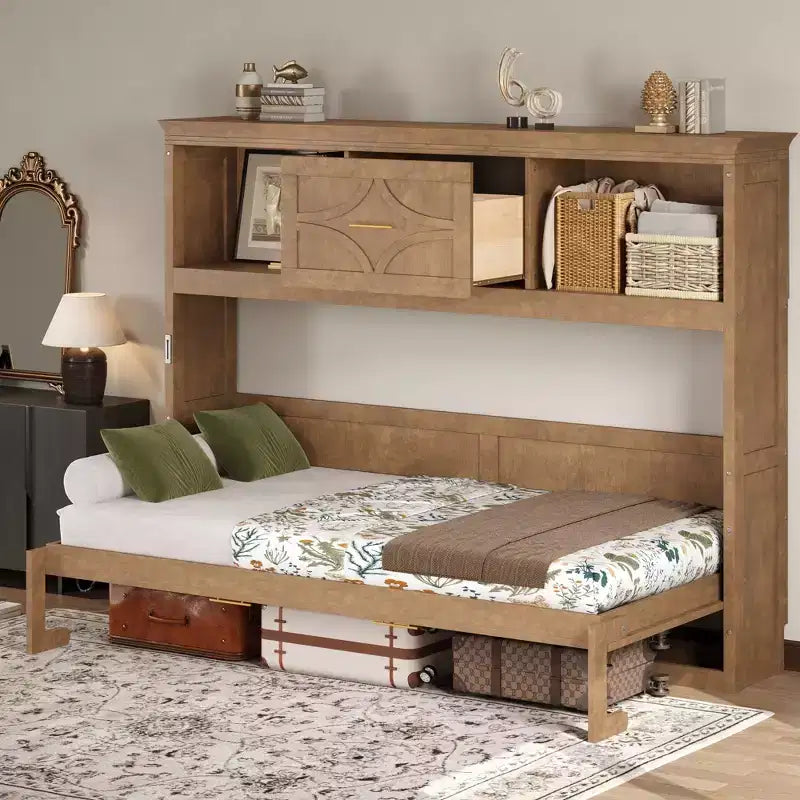 Twin Size Murphy Bed with Storage Shelves, Wooden Twin Cabinet Bed Wall Bed with Charging Station and Drawer, Folding Wall Chest Bed for Guest Room