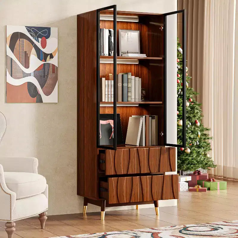 23.6-Inch Walnut Brown 3-Tier Glass Display Cabinet with Drawers, Mid-Century Modern Wooden China Cabinet
