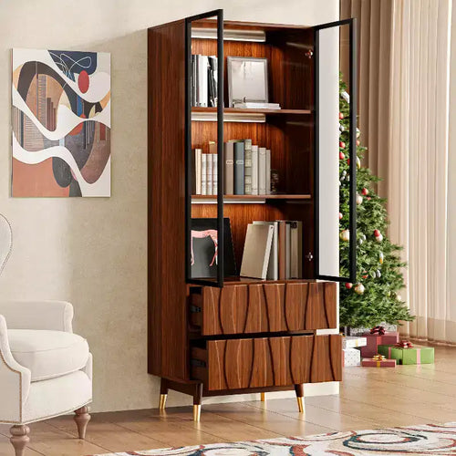 Vetrinetta in vetro a 3 ripiani con cassetti, marrone noce da 23,6 pollici, mobile credenza in legno di metà secolo