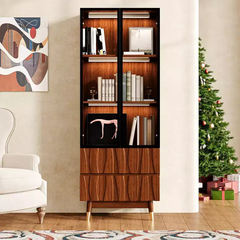 Vetrinetta in vetro a 3 ripiani con cassetti, marrone noce da 23,6 pollici, mobile credenza in legno di metà secolo