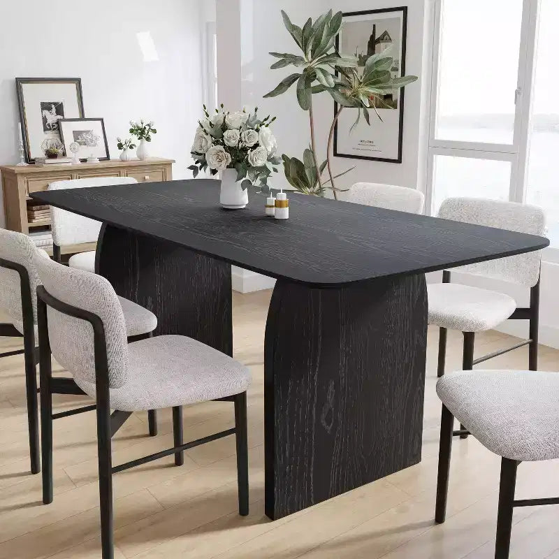 Tavolo da pranzo stile rustico da 170 x 85 cm, tavolo da cucina in legno massiccio con gambe ad arco, piano quadrato nero