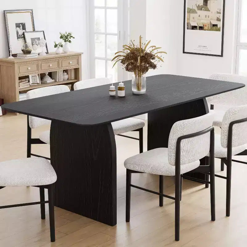 67 x 33.5 Inch Farmhouse Dining Table, Solid Wood Kitchen Table with Arched Legs, Black Square Top