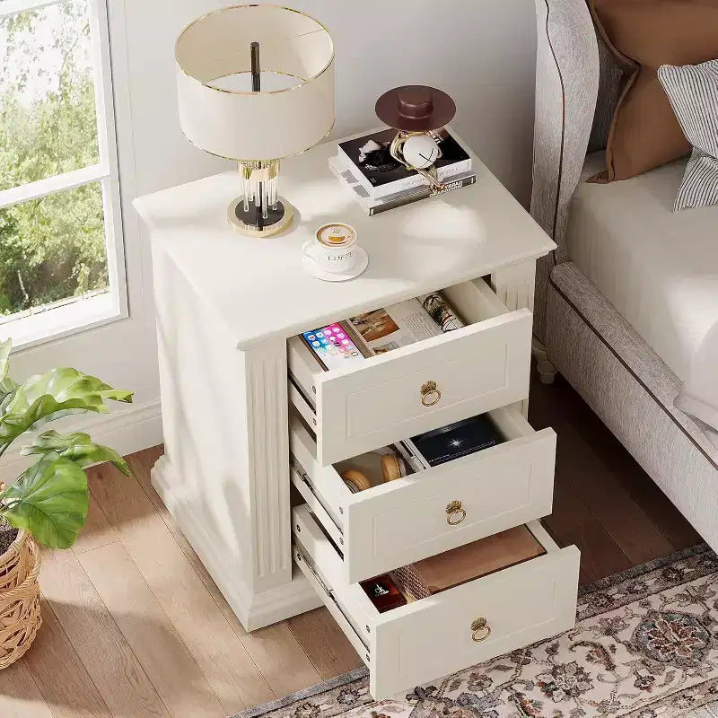 Comodino a 3 cassetti, comodino moderno con cassetti, tavolino laterale in legno per camera da letto, beige