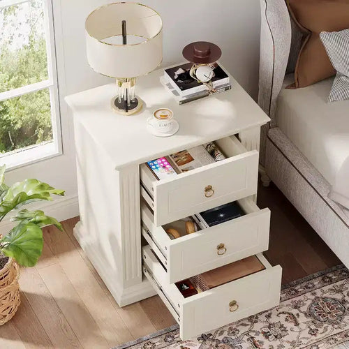 Comodino a 3 cassetti, comodino moderno con cassetti, tavolino laterale in legno per camera da letto, beige