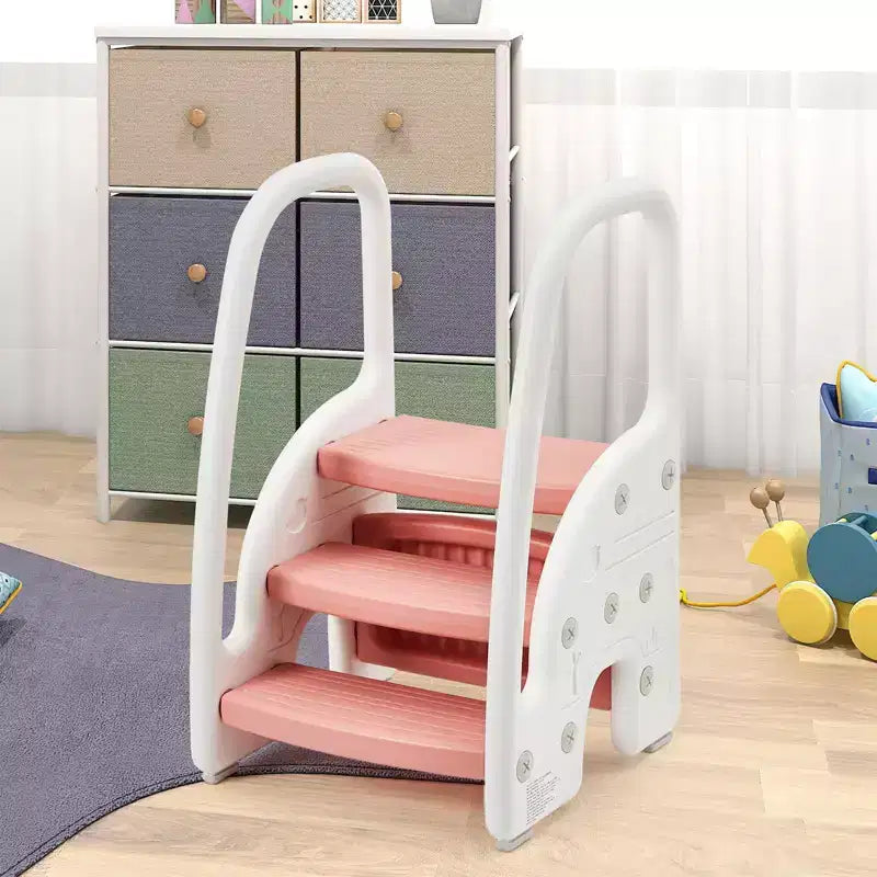 Sgabello a tre gradini per bambini per l'indipendenza – Sgabello per l'apprendimento a 3 gradini con maniglie e cuscinetti antiscivolo per lavandino, toilette e cucina, plastica facile da pulire (rosa)
