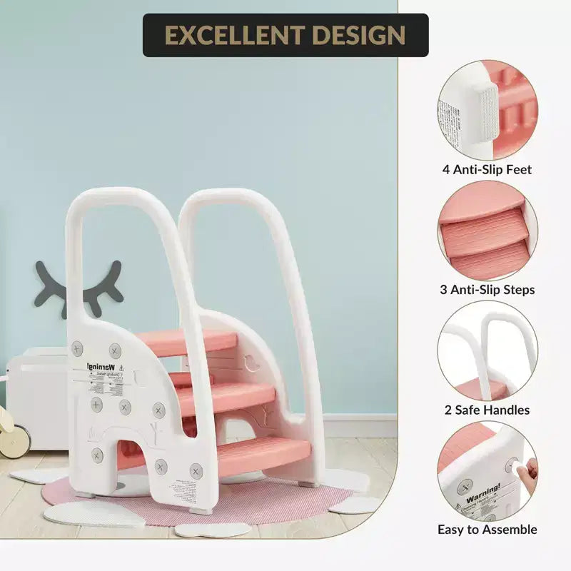 Sgabello a tre gradini per bambini per l'indipendenza – Sgabello per l'apprendimento a 3 gradini con maniglie e cuscinetti antiscivolo per lavandino, toilette e cucina, plastica facile da pulire (rosa)