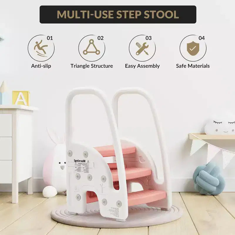 Sgabello a tre gradini per bambini per l'indipendenza – Sgabello per l'apprendimento a 3 gradini con maniglie e cuscinetti antiscivolo per lavandino, toilette e cucina, plastica facile da pulire (rosa)