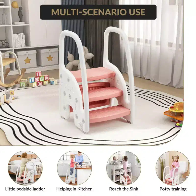 Sgabello a tre gradini per bambini per l'indipendenza – Sgabello per l'apprendimento a 3 gradini con maniglie e cuscinetti antiscivolo per lavandino, toilette e cucina, plastica facile da pulire (rosa)