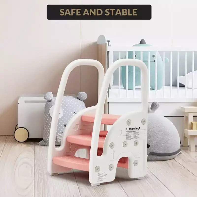 Sgabello a tre gradini per bambini per l'indipendenza – Sgabello per l'apprendimento a 3 gradini con maniglie e cuscinetti antiscivolo per lavandino, toilette e cucina, plastica facile da pulire (rosa)