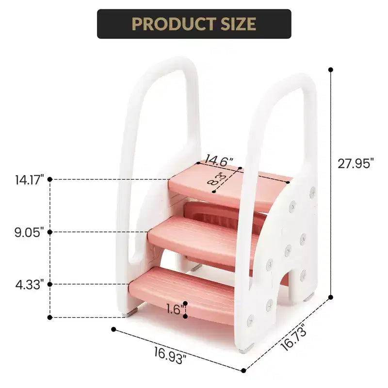 Sgabello a tre gradini per bambini per l'indipendenza – Sgabello per l'apprendimento a 3 gradini con maniglie e cuscinetti antiscivolo per lavandino, toilette e cucina, plastica facile da pulire (rosa)