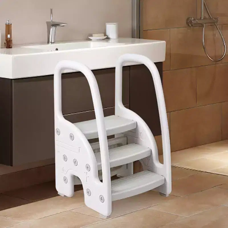 Sgabello a tre gradini per bambini per l'indipendenza – Sgabello per l'apprendimento a 3 gradini con maniglie e cuscinetti antiscivolo per lavandino, toilette e cucina, plastica facile da pulire (rosa)