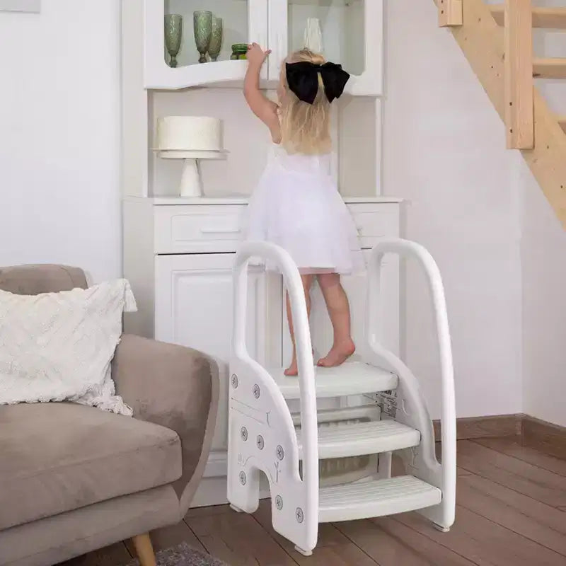 Sgabello a tre gradini per bambini per l'indipendenza – Sgabello per l'apprendimento a 3 gradini con maniglie e cuscinetti antiscivolo per lavandino, toilette e cucina, plastica facile da pulire (rosa)