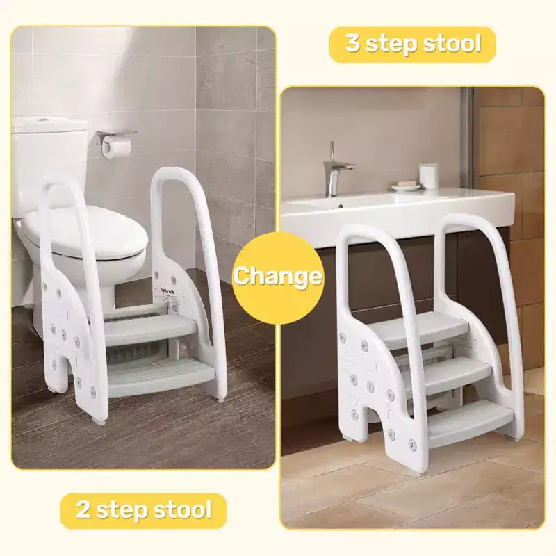 Sgabello a tre gradini per bambini per l'indipendenza – Sgabello per l'apprendimento a 3 gradini con maniglie e cuscinetti antiscivolo per lavandino, toilette e cucina, plastica facile da pulire (rosa)