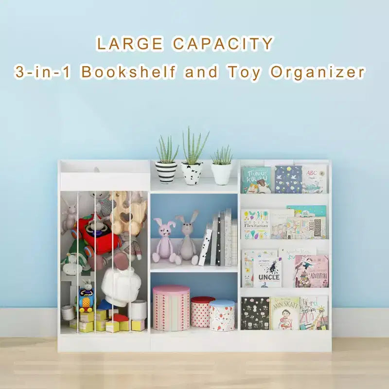 Libreria per bambini e organizer per giocattoli, espositore a 4 ripiani per libri con 3 ripiani per giocattoli e contenitore per animali di peluche, bianco
