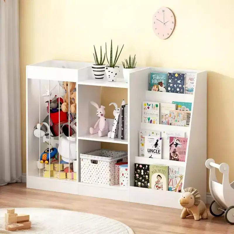 Libreria per bambini e organizer per giocattoli, espositore a 4 ripiani per libri con 3 ripiani per giocattoli e contenitore per animali di peluche, bianco