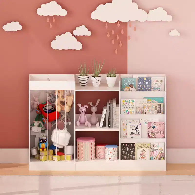 Libreria per bambini e organizer per giocattoli, espositore a 4 ripiani per libri con 3 ripiani per giocattoli e contenitore per animali di peluche, bianco