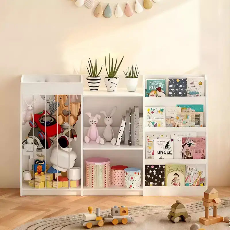 Libreria per bambini e organizer per giocattoli, espositore a 4 ripiani per libri con 3 ripiani per giocattoli e contenitore per animali di peluche, bianco
