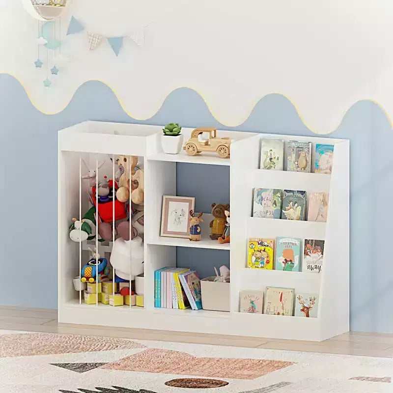 Libreria per bambini e organizer per giocattoli, espositore a 4 ripiani per libri con 3 ripiani per giocattoli e contenitore per animali di peluche, bianco