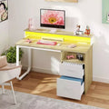 Balconera Modern White and Oak Office Desk with Storage Cabinet and Shelves Gaming Computer Table wtih LED Light and Charging Station
