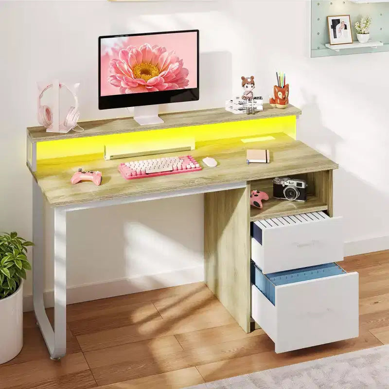 Modern White and Oak Gaming Computer Desk with Storage Cabinet, Shelves, LED Light and Charging Station