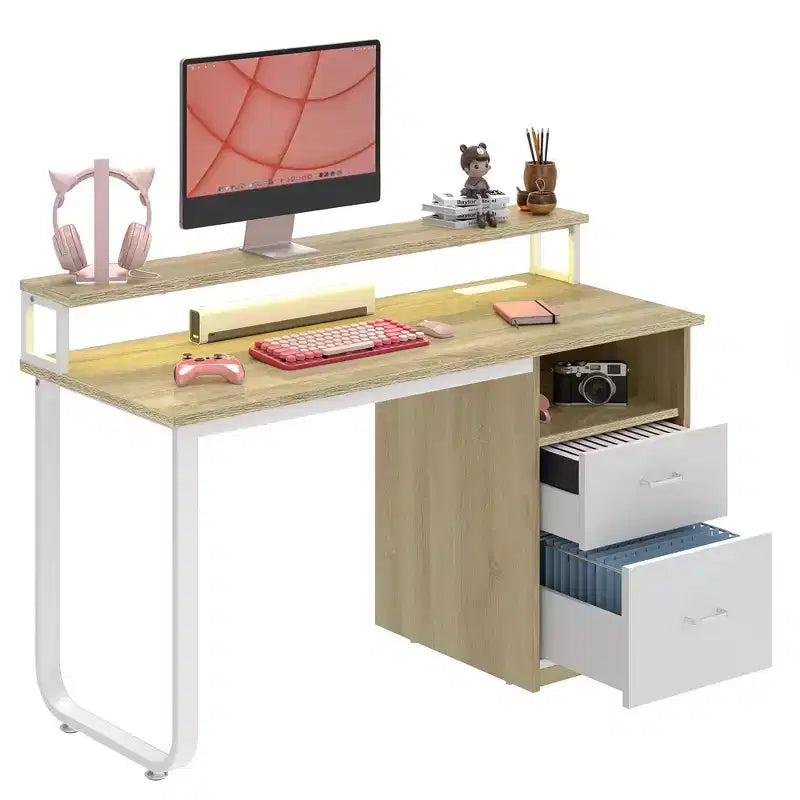 Modern White and Oak Gaming Computer Desk with Storage Cabinet, Shelves, LED Light and Charging Station
