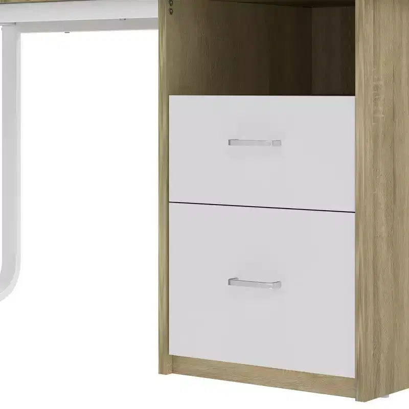 Modern White and Oak Gaming Computer Desk with Storage Cabinet, Shelves, LED Light and Charging Station