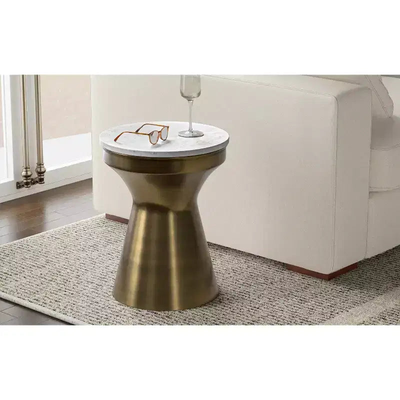 14-Inch Modern Contemporary Metal Side Table in White and Antique Brass, Fully Assembled