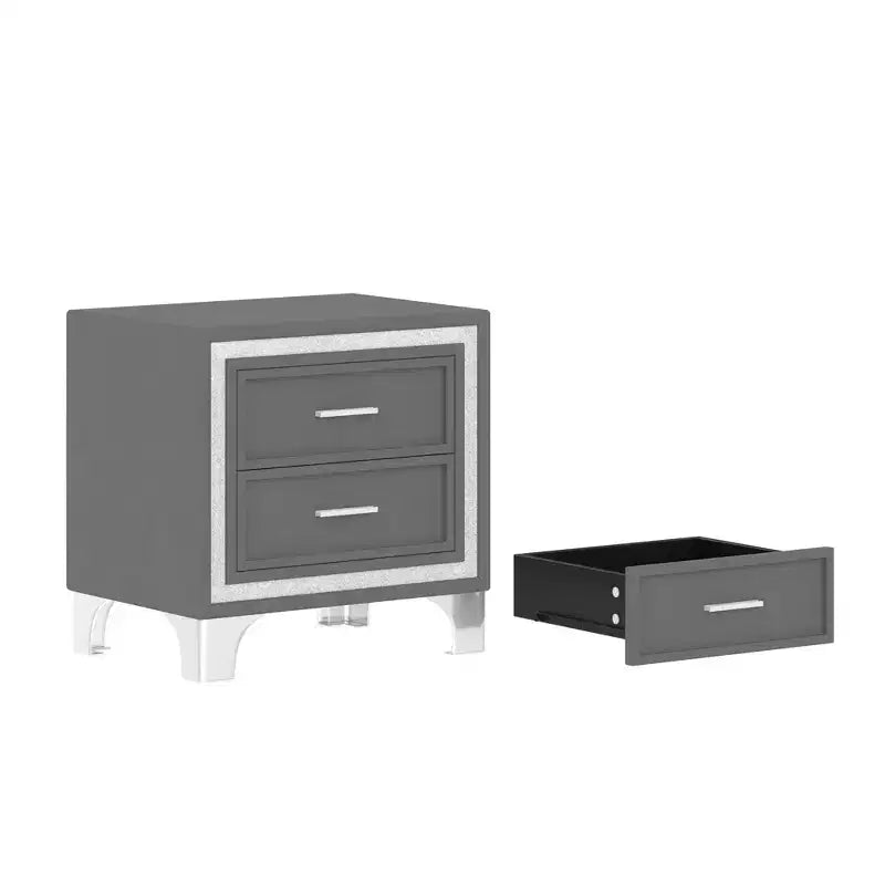 Comodino vintage di metà secolo con decorazioni a strisce glitterate argentate, gambe in metallo e 2 cassetti per camera da letto, grigio