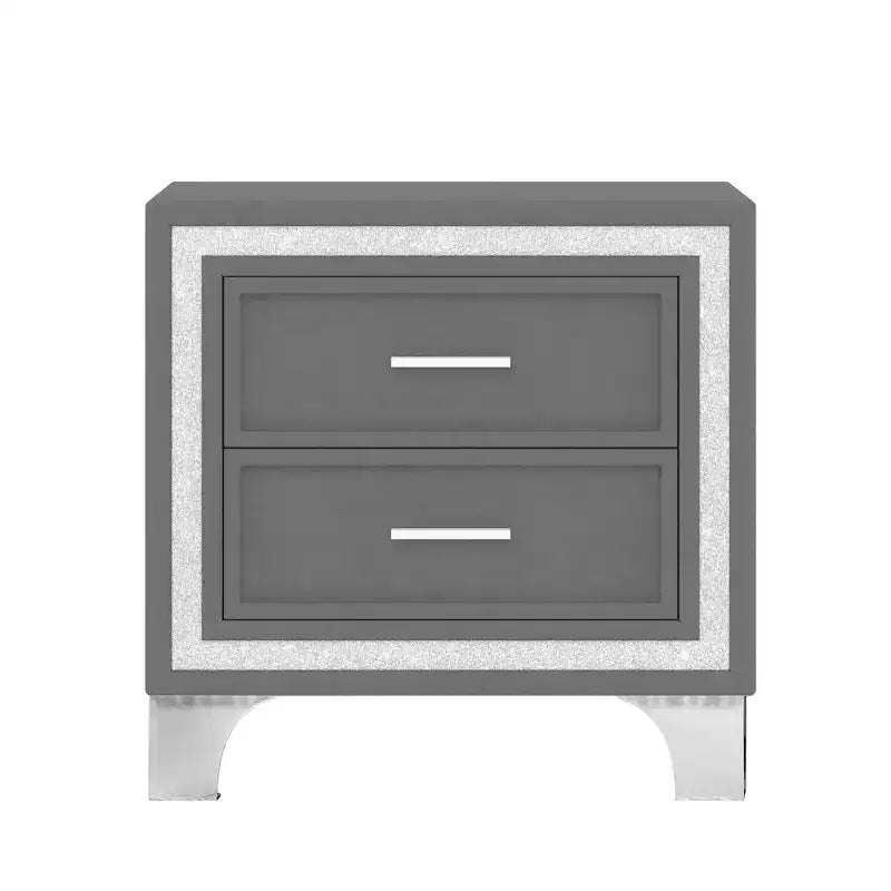Comodino vintage di metà secolo con decorazioni a strisce glitterate argentate, gambe in metallo e 2 cassetti per camera da letto, grigio