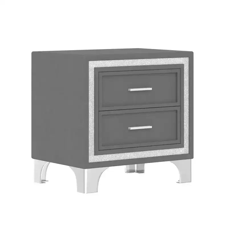Comodino vintage di metà secolo con decorazioni a strisce glitterate argentate, gambe in metallo e 2 cassetti per camera da letto, grigio