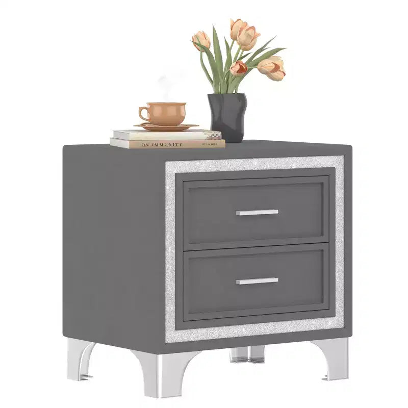 Comodino vintage di metà secolo con decorazioni a strisce glitterate argentate, gambe in metallo e 2 cassetti per camera da letto, grigio