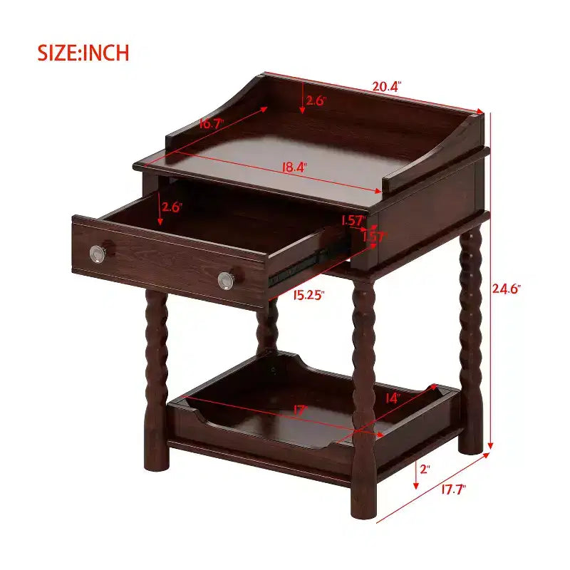 Comodino in stile retrò con cassetto, ripiano aperto, gambe tornite e maniglia in metallo per camera da letto, noce