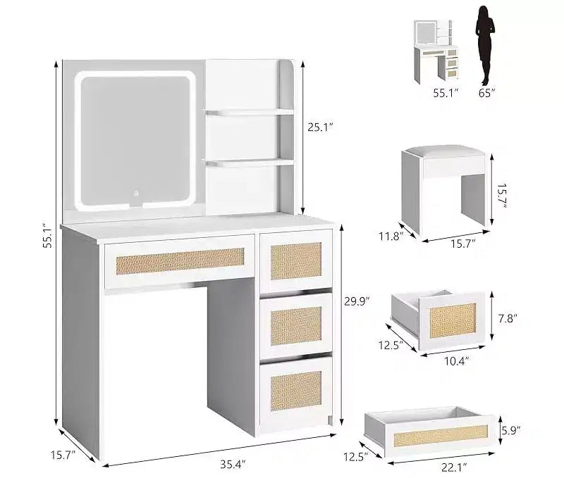 Toeletta, Scrivania Trucco con Specchio e Luce LED Regolabile, Spazio Contenitore con 4 Cassetti e 2 Ripiani Aperti per Camera da Letto, Bianco