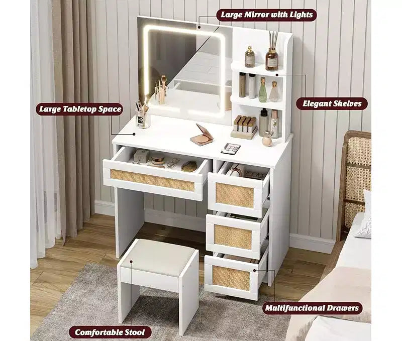 Toeletta, Scrivania Trucco con Specchio e Luce LED Regolabile, Spazio Contenitore con 4 Cassetti e 2 Ripiani Aperti per Camera da Letto, Bianco