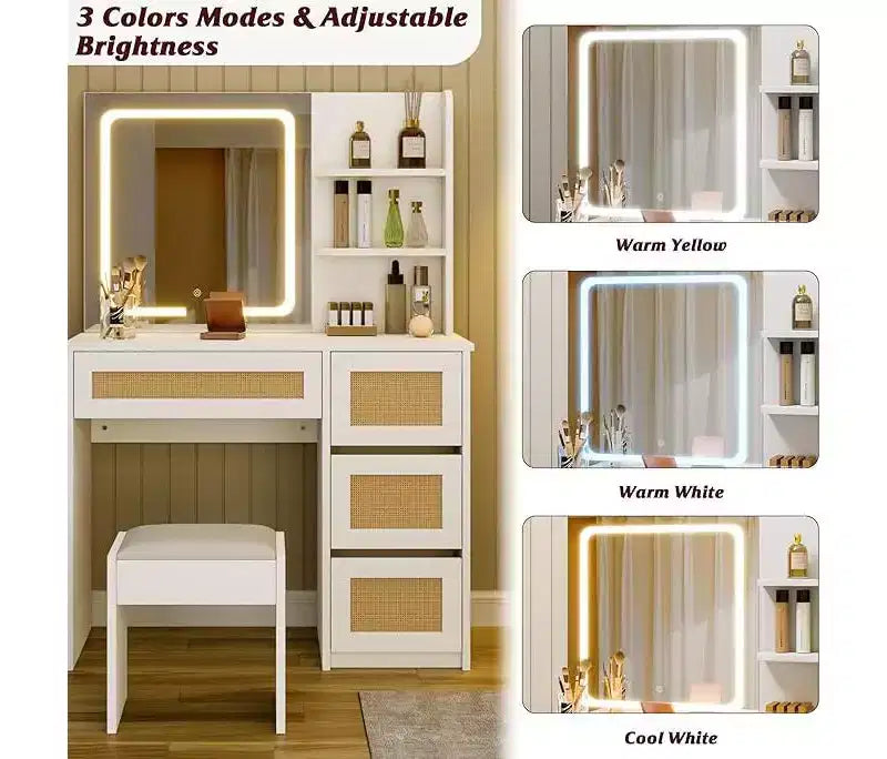 Toeletta, Scrivania Trucco con Specchio e Luce LED Regolabile, Spazio Contenitore con 4 Cassetti e 2 Ripiani Aperti per Camera da Letto, Bianco