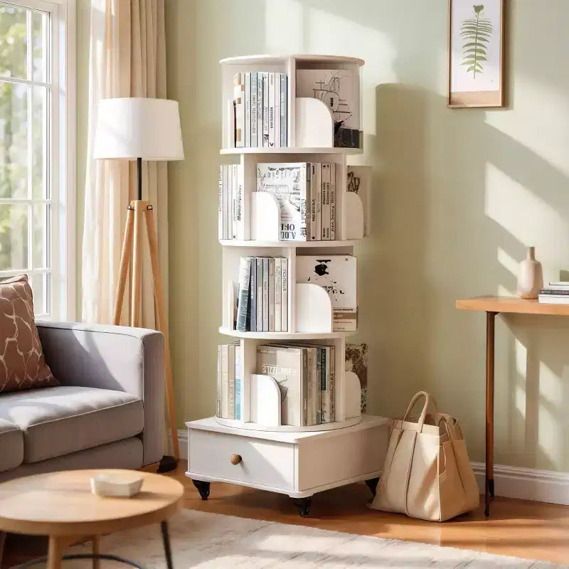 Libreria Girevole a 360° con Contenitore, Scaffale ad Angolo a 4 Ripiani Autoportante per Piccoli Spazi, Libreria Mobile con Ruote per l'Ufficio Domestico