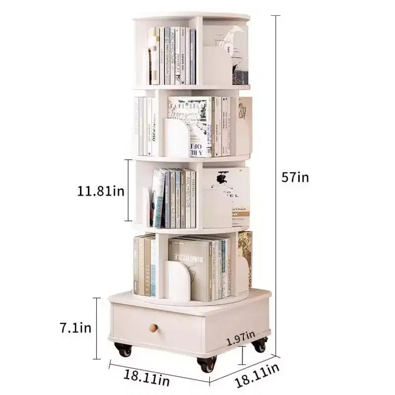 Libreria Girevole a 360° con Contenitore, Scaffale ad Angolo a 4 Ripiani Autoportante per Piccoli Spazi, Libreria Mobile con Ruote per l'Ufficio Domestico
