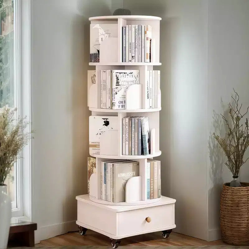 Libreria Girevole a 360° con Contenitore, Scaffale ad Angolo a 4 Ripiani Autoportante per Piccoli Spazi, Libreria Mobile con Ruote per l'Ufficio Domestico