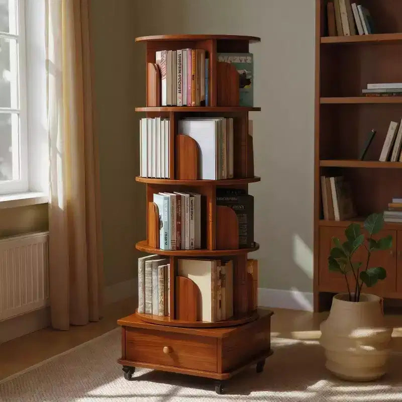 Libreria Girevole a 360° con Contenitore, Scaffale ad Angolo a 4 Ripiani Autoportante per Piccoli Spazi, Libreria Mobile con Ruote per l'Ufficio Domestico