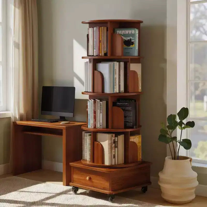 Libreria Girevole a 360° con Contenitore, Scaffale ad Angolo a 4 Ripiani Autoportante per Piccoli Spazi, Libreria Mobile con Ruote per l'Ufficio Domestico