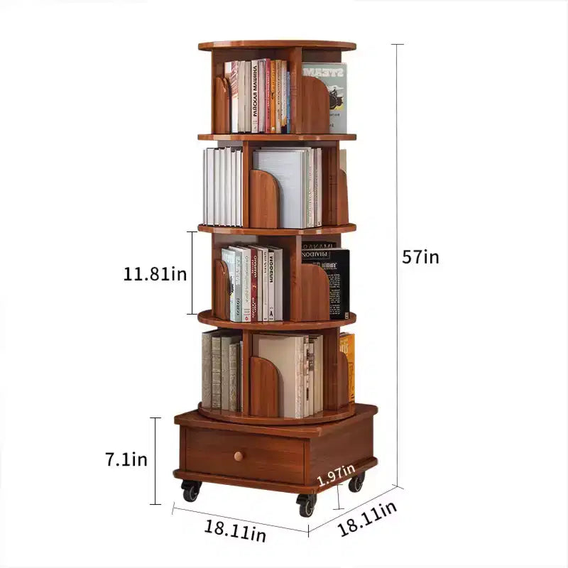360° Rotating Bookshelf with Storage, Floor-Standing 4-Tier Corner Shelf for Small Spaces, Mobile Bookcase with Wheels for Home Office