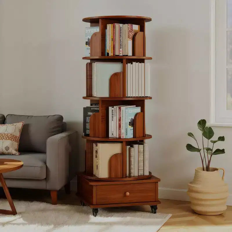 Libreria Girevole a 360° con Contenitore, Scaffale ad Angolo a 4 Ripiani Autoportante per Piccoli Spazi, Libreria Mobile con Ruote per l'Ufficio Domestico
