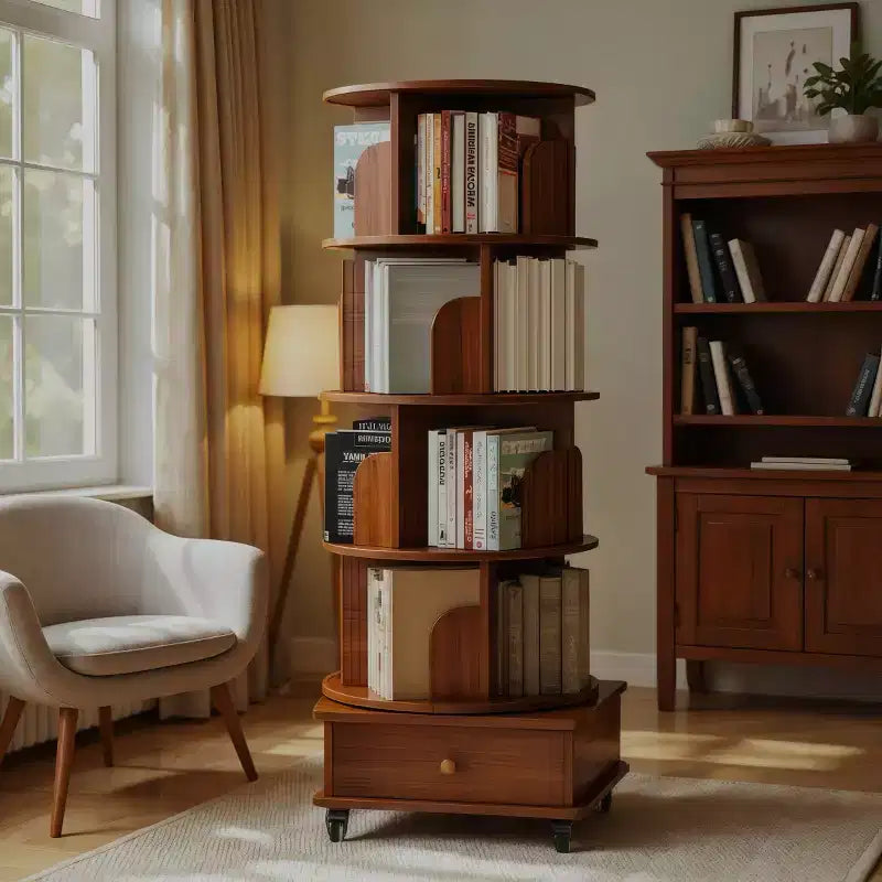 Libreria Girevole a 360° con Contenitore, Scaffale ad Angolo a 4 Ripiani Autoportante per Piccoli Spazi, Libreria Mobile con Ruote per l'Ufficio Domestico