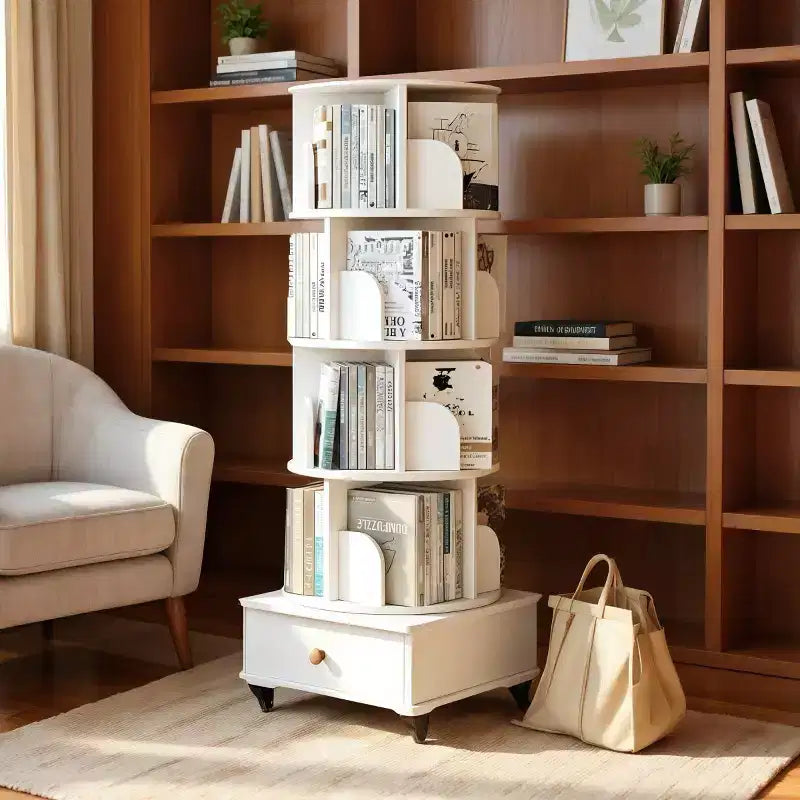 Libreria Girevole a 360° con Contenitore, Scaffale ad Angolo a 4 Ripiani Autoportante per Piccoli Spazi, Libreria Mobile con Ruote per l'Ufficio Domestico