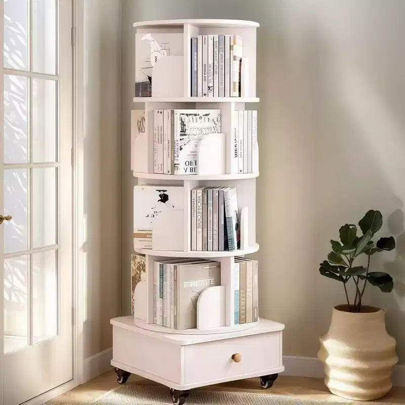 360° Rotating Bookshelf with Storage, Floor-Standing 4-Tier Corner Shelf for Small Spaces, Mobile Bookcase with Wheels for Home Office