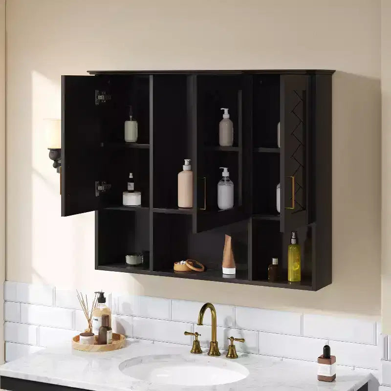 35-Inch Wall Mounted Medicine Cabinet with High-Definition Mirror, 8 Shelves and 3 Doors